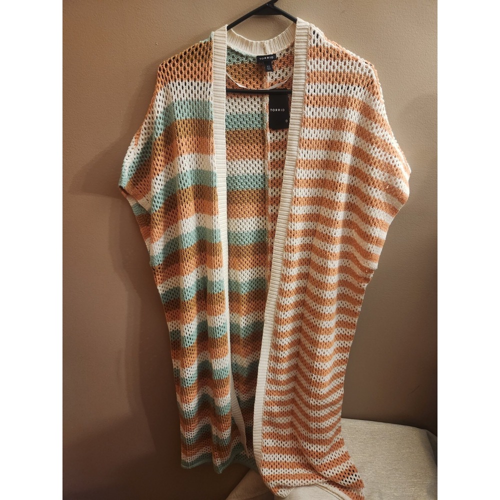 Torrid Duster Vest Sweater Cardigan Open Front Multi Stripe Size 1/2 1X/2X NWT